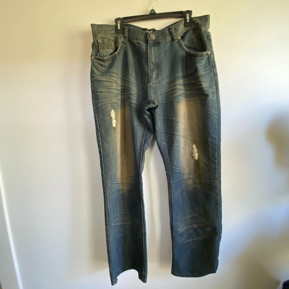 Men's ROK distressed fade relaxed Jeans, 40/34, with whiskering